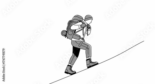A Person Ascends A Slope With A Backpack, Achieving The Peak Of Challenge
