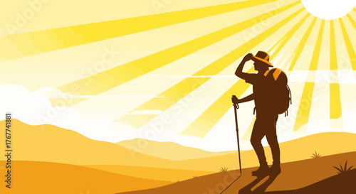 A Hiker Appreciates The Golden Landscape Under A Radiant Sun, Contemplating The View