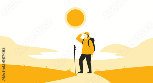 A Hiker Appreciates the Landscape Under the Bright Summer Sun For Exploration