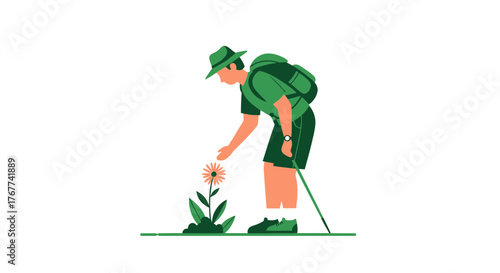 A Hiker Appreciating Nature's Beauty Next To Blooming Wildflowers, Illustrated