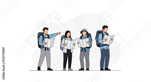A Group Of Travelers Decide Route Using Maps For Wayfinding And Exploration Together