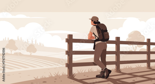 A Hiker Contemplating Nature's Beauty Amidst Rustic Wooden Fencing and Rolling Hillsides