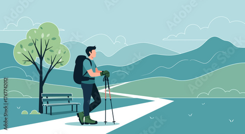 A Hiker Contemplating Nature's Beauty Amidst Mountainous Terrain During a Peaceful Day