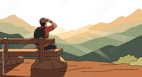A Hiker Contemplates Vast Mountain Scenery From a Bench During A Sunrise