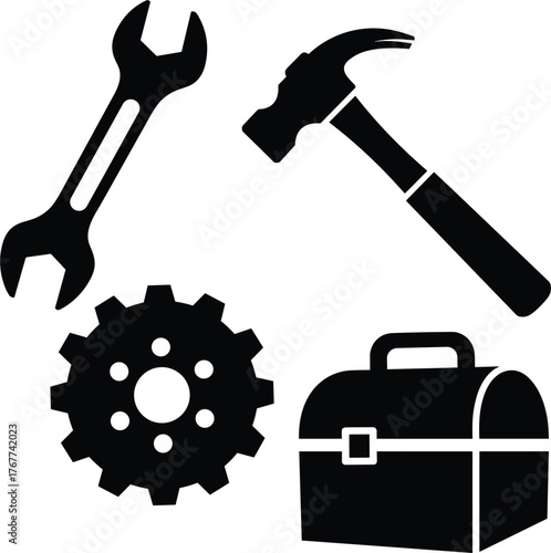Solid Silhouette Construction Tools Vector Set for Workshop and Engineering Design.