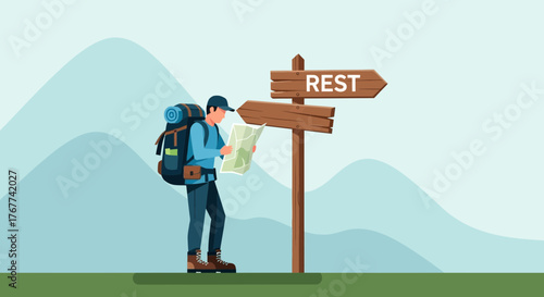 A Hiker Deciding Where To Go, Seeking Rest, Navigating Through Directions, Illustration