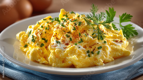 Delicious Scrambled Eggs with Herbs on White Plate