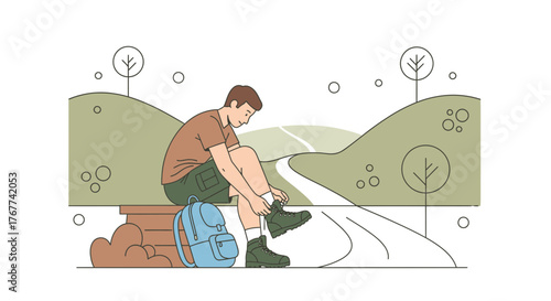 A Hiker Is Preparaing for Adventure by Tying his Boots on a Scenic Route