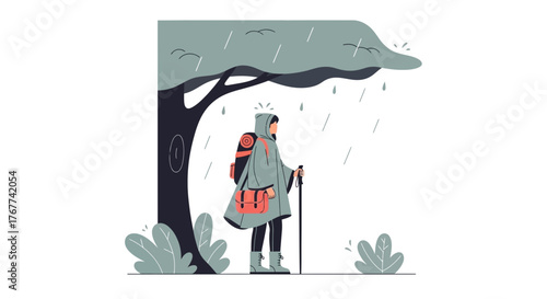 A Hiker Finds Shelter Under a Tree in the Rain: An Illustrative Depiction