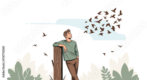 A Person Contemplating The Birds' Freedom: A Moment Of Serenity And Reflection