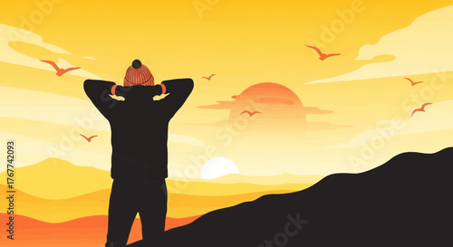 A Person Contemplating The Serenity Of The Yellow Sky And Flying Birds At Sunset View