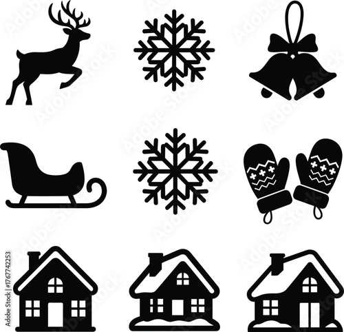 Solid Silhouette Icons Illustrating Cozy Winter Holiday Scenes and Decorations.