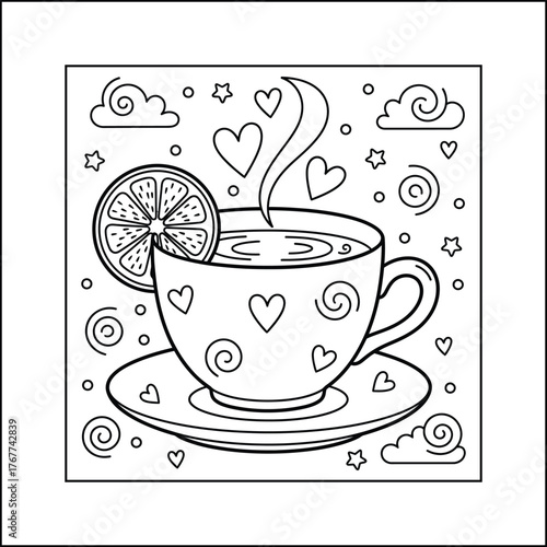 Coffee cup and beans with steam, brown breakfast beverage illustration cozy relaxation coloring pages for adults and kids