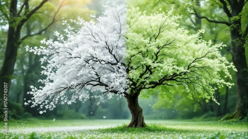 Single Tree Exhibits Contrasting Seasons With White Blossoms On One Side And Vibrant Green Leaves On The Other In A Forest Clearing With