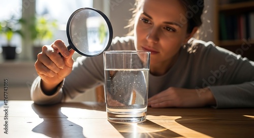 Woman inspecting water in a glass with a magnifying glass on a wooden table in a bright room