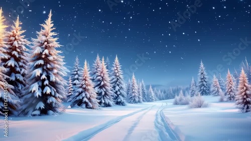 Snowy Forest Path Illuminated by Golden Sunset Light with Falling Stars in a Blue Winter Night Sky