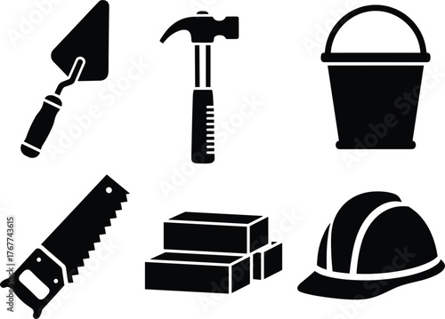Solid Silhouette Vector Icons of Construction Tools and Building Materials.