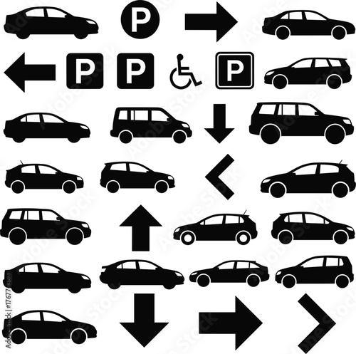 Solid Silhouette Vector Icons Representing Parking Symbols and Vehicles.