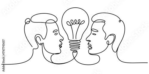 Continuous line drawing art illustrating two heads and a light bulb symbolizing an idea vector
