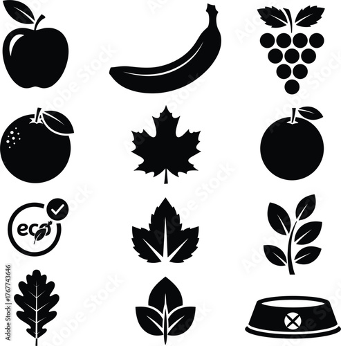 Solid Silhouette Vector Set of Organic and Vegan Food Icons.