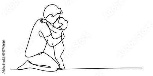 A tender moment captured in a continuous single line drawing of a parent hugging a child vector