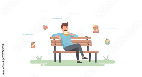A Person Enjoys A Sandwich On A Park Bench With Snacks Closeby in An Illustration