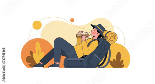 A Person Enjoys a Sandwich While Taking a Relaxation Break During Their Backpacking Trip