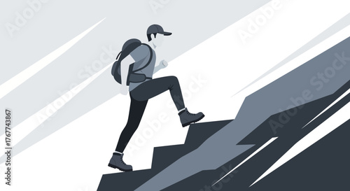 A Person Hiking Uphill, Reaching Goal, Climbing Stairs, Motivation Concept