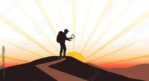 A Person Hiking With A Compass At Sunrise Exploring New Directions or Horizons and Opportunities.