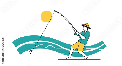 A Person Fishing on the Water, With The Bright Golden Sun in a Sunny Day