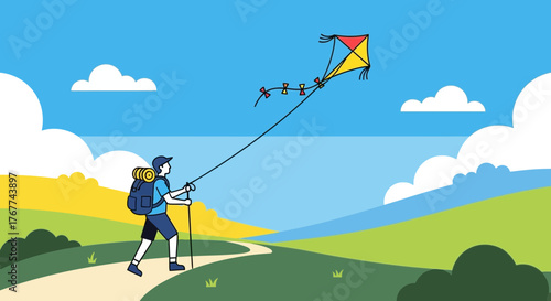 A Person Hiking While Flying a Kite On a Sunny Day With a Beautiful Landscape