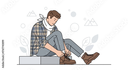 A Person Fastening Boots, Preparing For Hiking With Outdoor Lifestyle, Clean Illustration