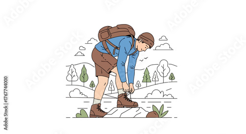 A Person Kneeling To Tie Boots Preparing for Hike Adventure Amidst Nature
