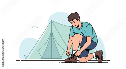 A Person Kneeling to Tie His Bootlaces In Front Of a Green Camping Tent