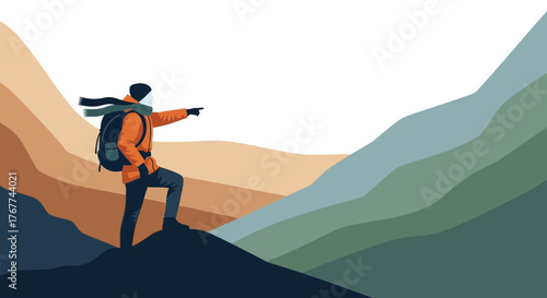 A Person Hiking in the Mountains and Pointing to an Area, Vector Illustration