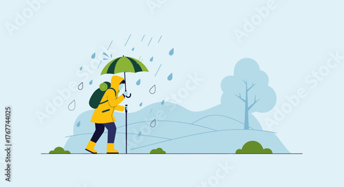 A Person Hiking in the Rain with an Umbrella in a Scenic, Abstract Landscape