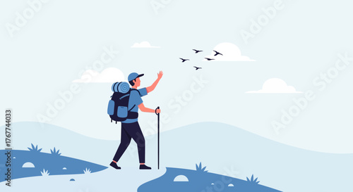 A Person Hiking in the Mountains and Greeting Flying Birds With Hope