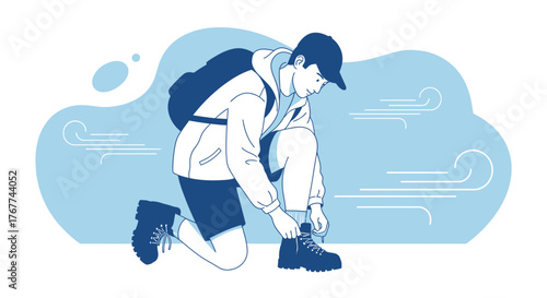 A Person Kneeling, Preparing Hiking Boots, Ready to Explore the Great Outdoors