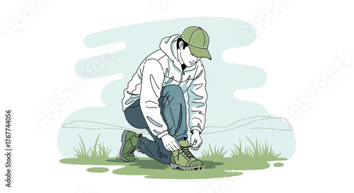 A Person Kneeling to Tie Their Hiking Boots Before Venture into Nature