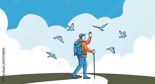 A Person Hiking on a Path with Birds Flying in a Cloudy Sky Animation