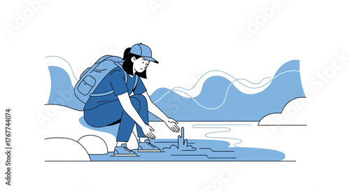A Person Hiking Reaches a Stream, Touching Water and Experiencing Nature's Beauty