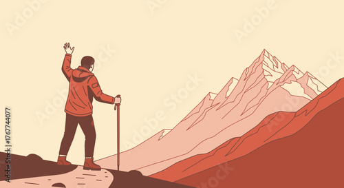 A Person Hiking Reaching New Heights in a Mountainous Landscape Silhouette