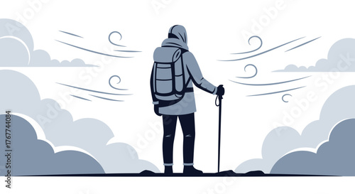 A Person Hiking on a Windy Mountain, Facing the Cloudy Weather Ahead