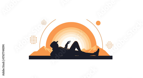 A Person Meditating On A Mountain Under A Sunset Gradient Scene Simple Art Design