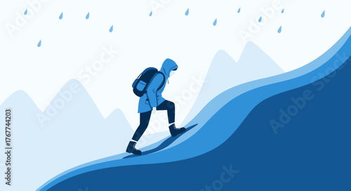 A Person Hiking Uphill Amidst Mountainous Landscape Under a Cloudy Sky Illustration