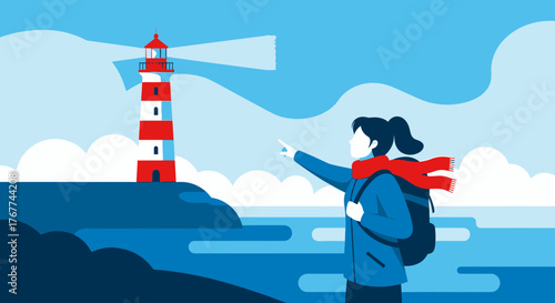 A Person Points Towards Lighthouse On The Coastline Representing Guidance And Hope