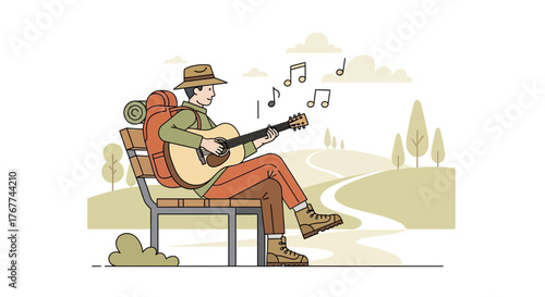 A Person Plays Guitar Outdoors While Hiking to Enjoy Freedom and Music Relaxation