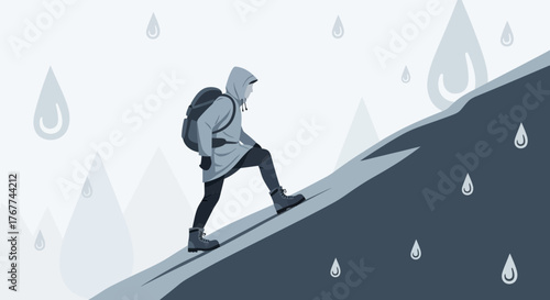 A Person Hiking Uphill Amidst Rainfall, Facing Challenges With Courage And Determination