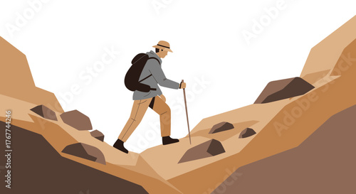A Person Hiking Uphill in A Vector Illustration During A Sunny Day