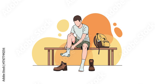 A Person Preparing For A Hike, Sitting And Putting On Socks Before The Journey
